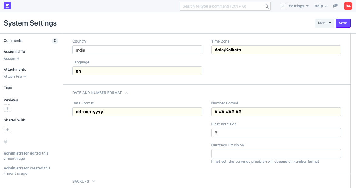 ERPNext doctype configuration showing field-level permissions