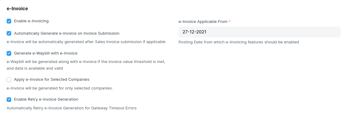 ERPNext e-Invoice Settings with Auto Generate and Applicable From options