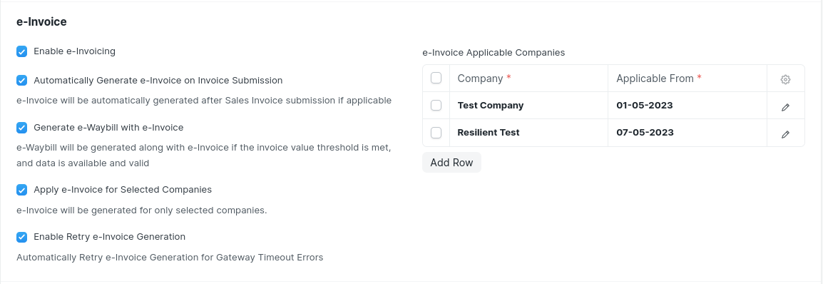 ERPNext Apply e-Invoice for Selected Companies and Retry e-Invoice Generation toggle