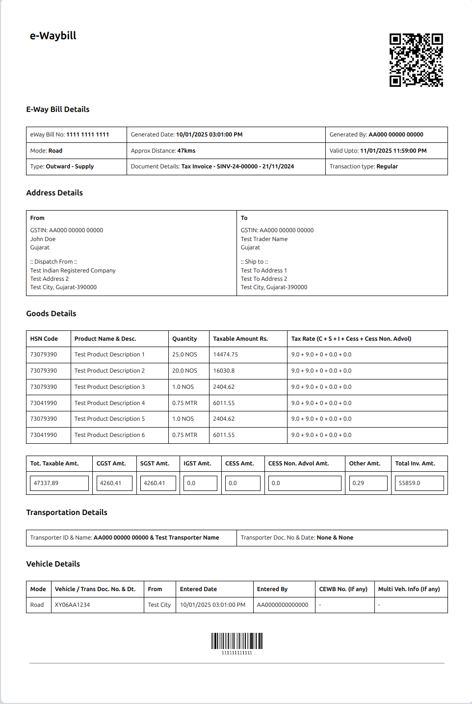 ERPNext e-Waybill Detailed print format with Part A and Part B