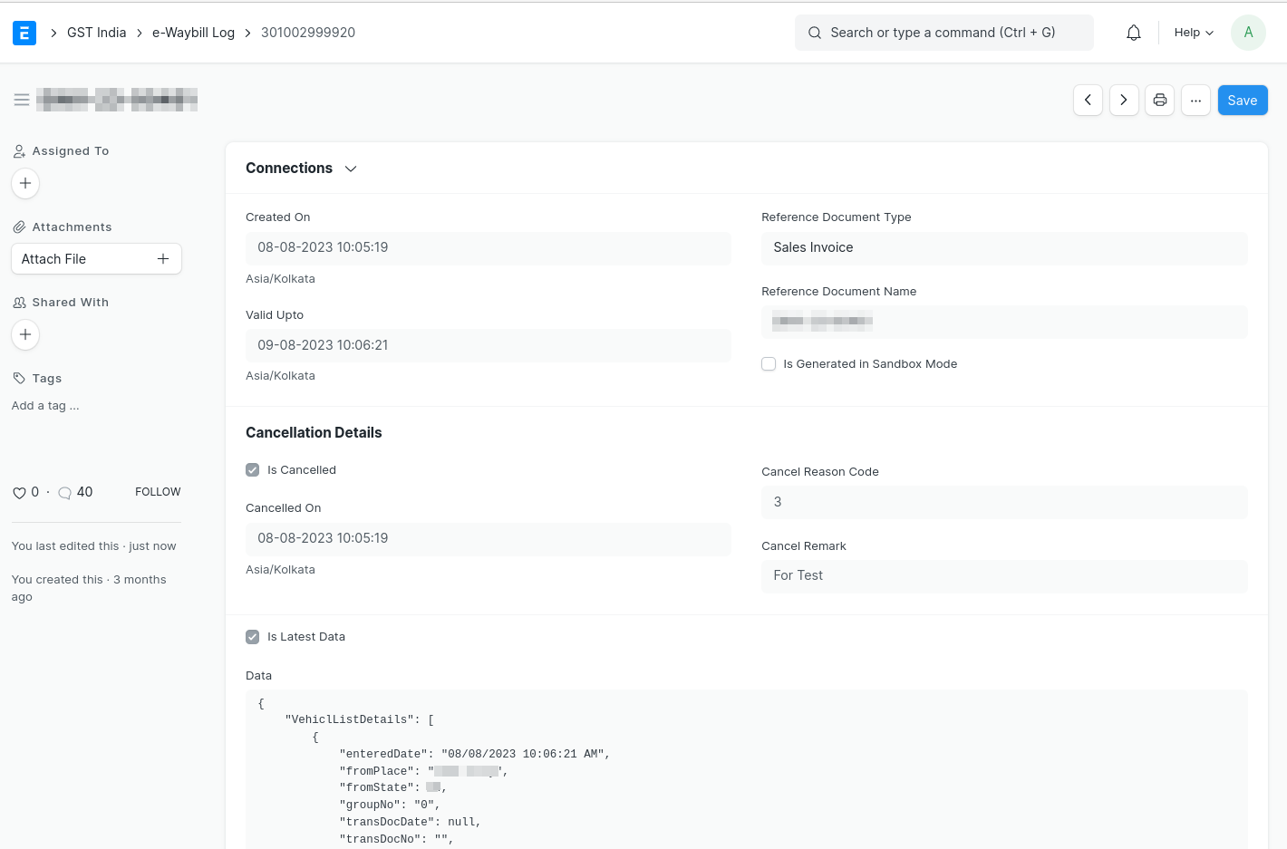 ERPNext e-Waybill Log doctype showing audit trail