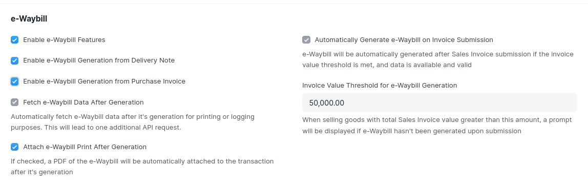 ERPNext e-Waybill Settings panel in GST Settings