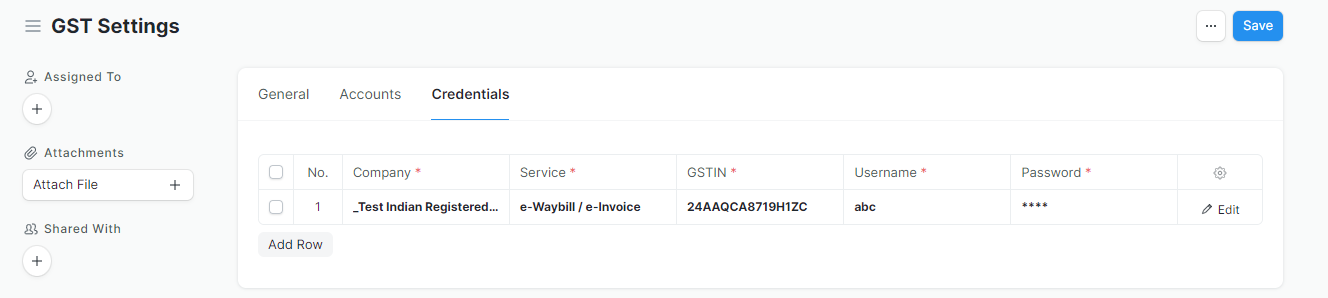 ERPNext GST Settings Credentials tab where GSP user credentials are entered