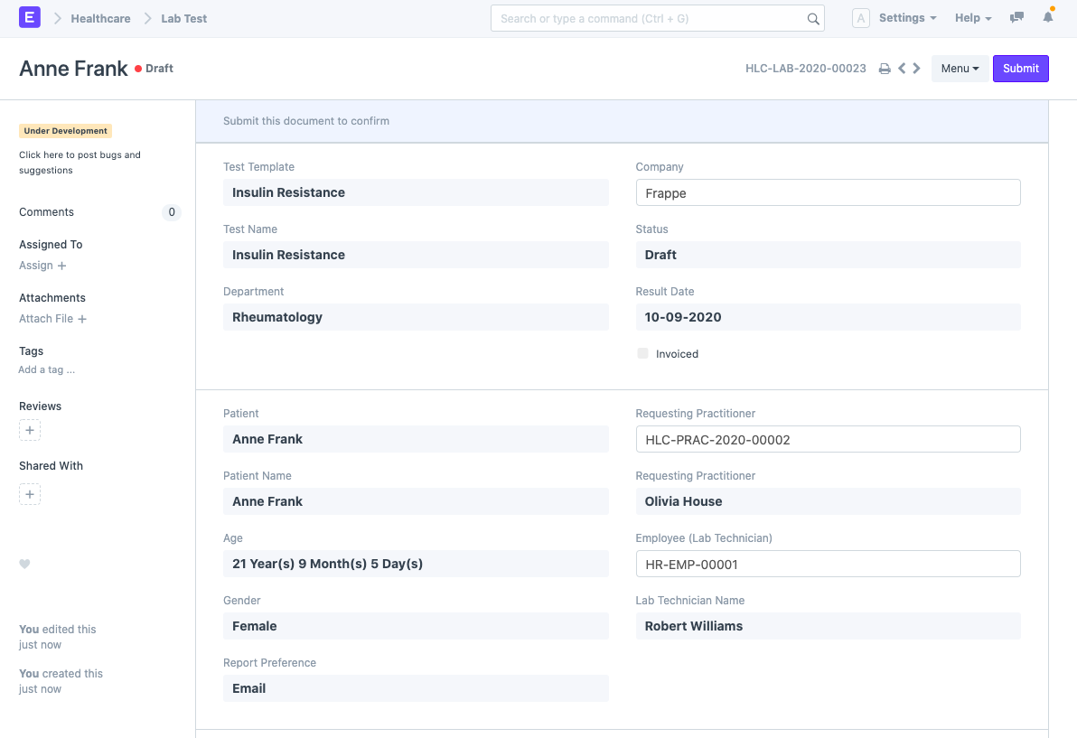 ERPNext Lab Test screen showing test details and result entry