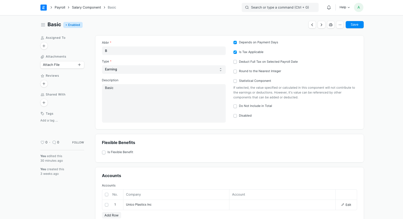 ERPNext Salary Component (Earning) configuration