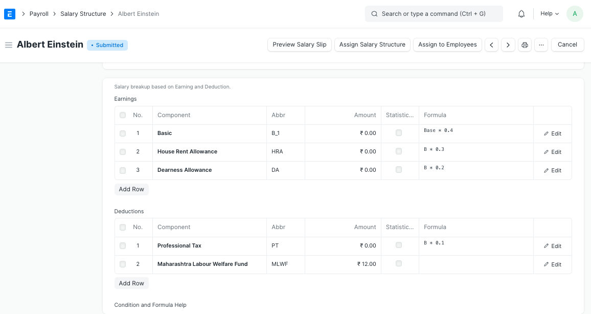 ERPNext Salary Structure with pre-Code formula of Basic = Base * 0.4
